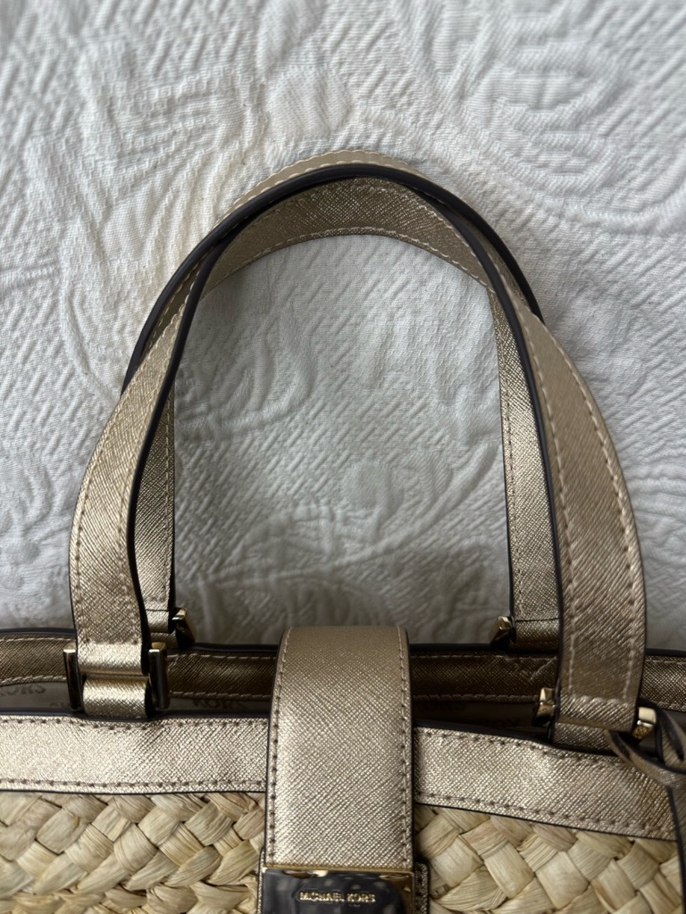 Michael Kors Cecelia Straw Tote with Green Leaf Appliqués and Gold Leather Trim - Picture 4 of 16